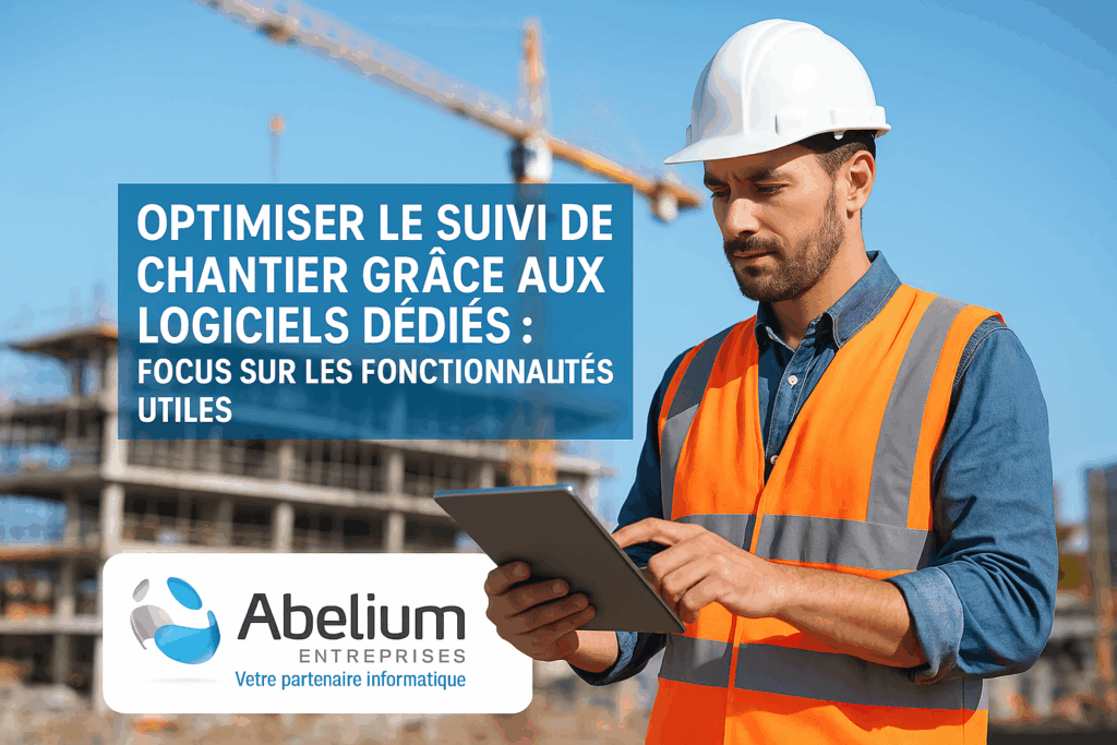 Ouvrier du bâtiment portant un casque et un gilet de sécurité, utilisant une tablette sur un chantier en construction. Un encadré met en avant le titre “Optimiser le suivi de chantier grâce aux logiciels dédiés : focus sur les fonctionnalités utiles”. Logo d’Abelium Entreprises en bas de l’image.